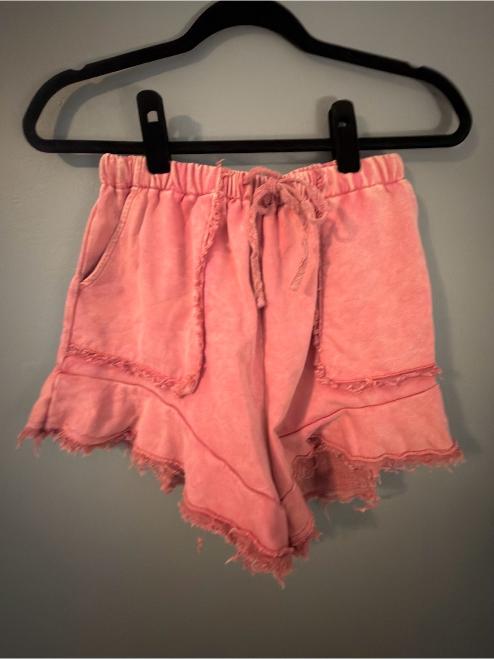High-Waist Pink Frayed Hem Lounge Shorts with Drawstring